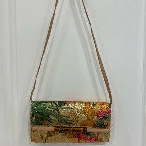 Sondra Roberts Retro Gold Tropical Print Purse